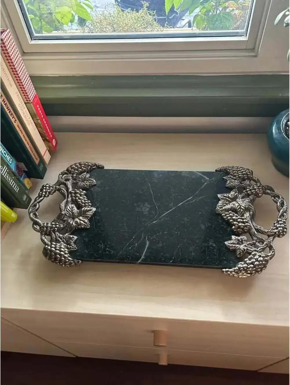 Vintage Godinger Silver Art Co Black Marble Serving Tray Ornate Cheese Board 18